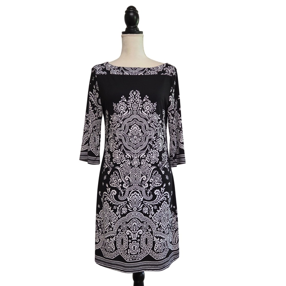 Black & White Damask Bell Sleeve Dress Size M Retro Mod Whimsigoth Office Goth